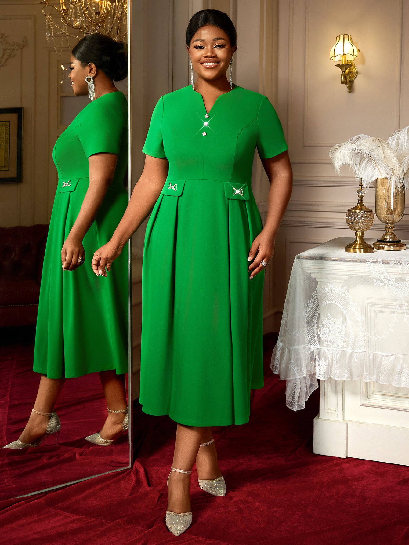 Plus Size V-Neck Short-Sleeve A-Line Formal Party Dress 6