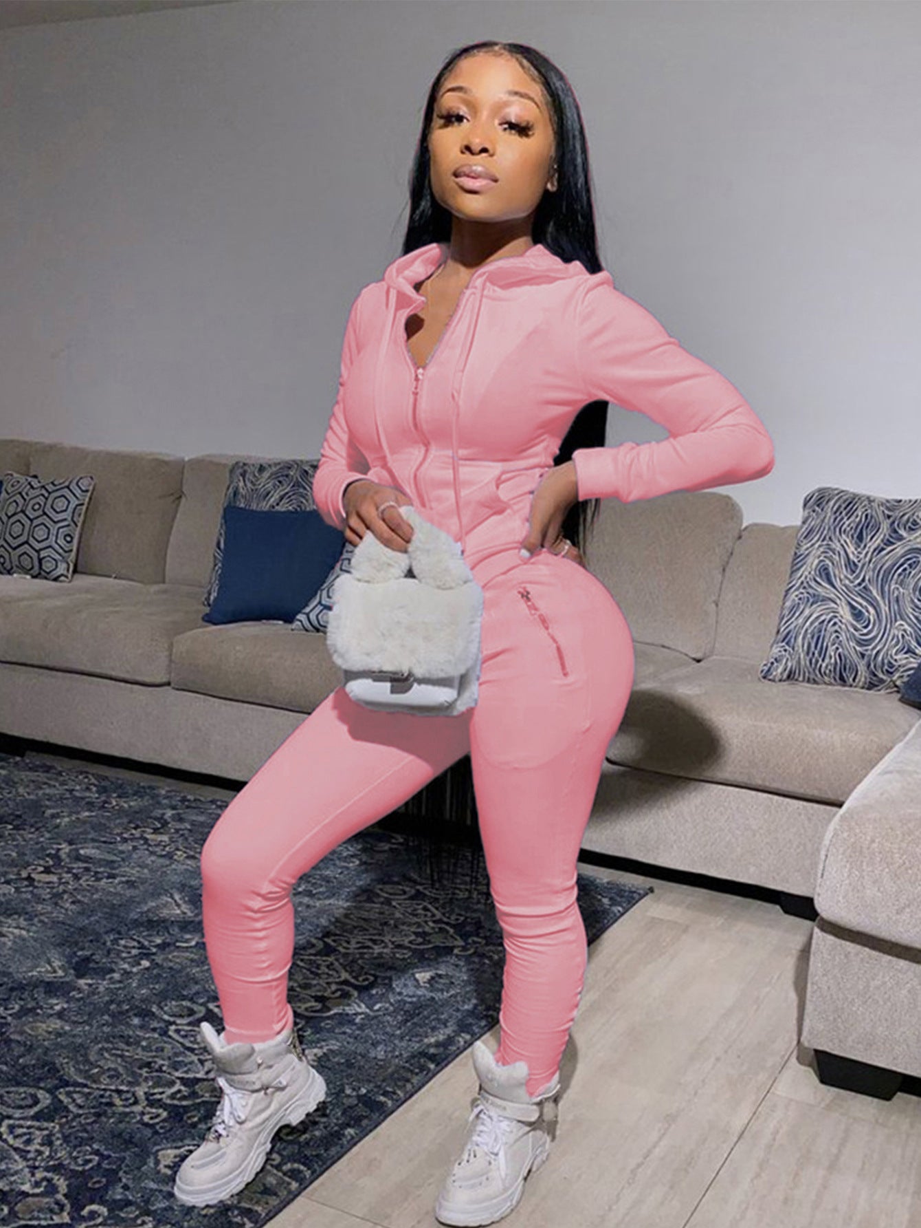 Women Casual Solid Hooded Zipper Pocket Top and Pants Two-Piece Set