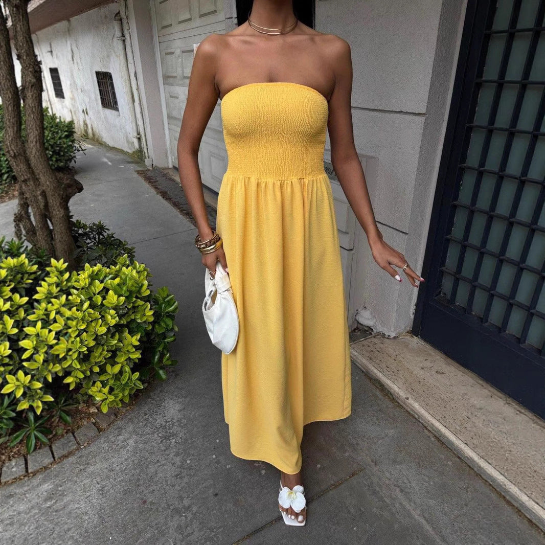 Women's Summer Solid Color Sexy Strapless Slim Waist Casual Dress 6