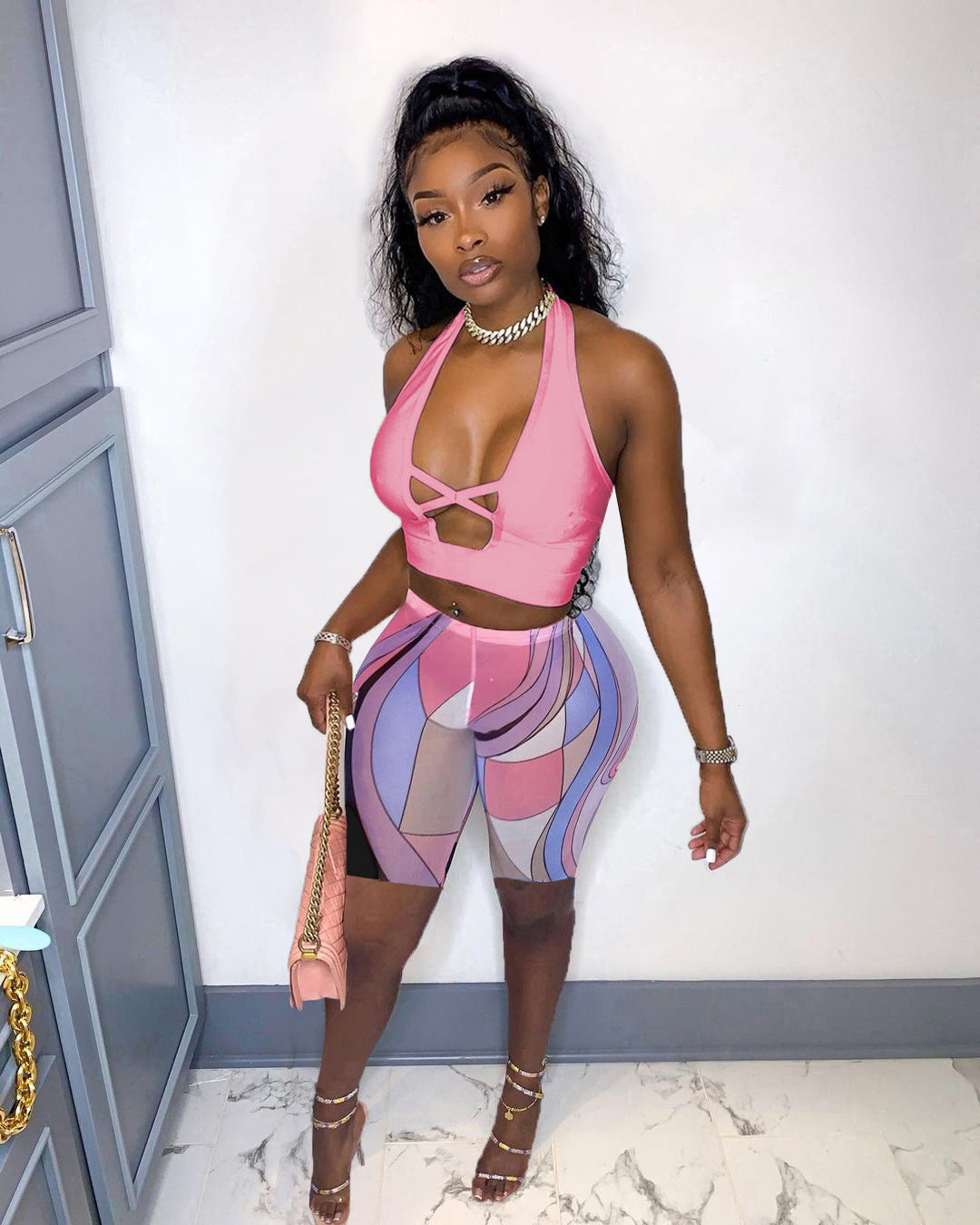 Women's Halter Neck Cross Hollow Low Back Tank Top Printed Shorts Two-Piece Set 3