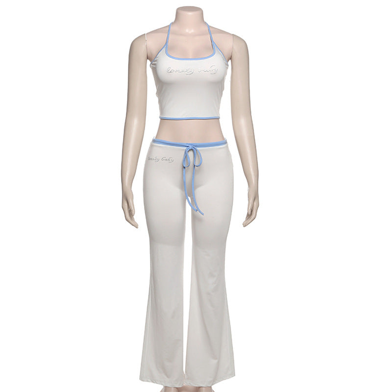 Spring Women Style Beaded Halter Neck Suspender Tank Top Contrast Color Pants Two-Piece Set 8