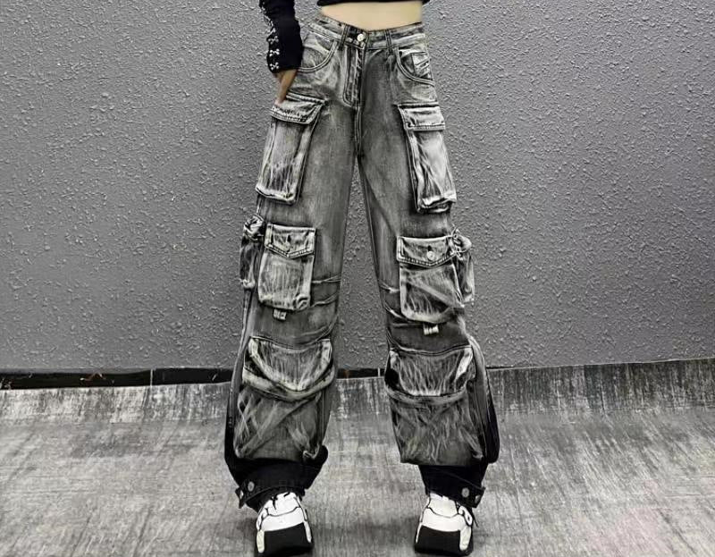 Spring Street-Style Pocket Washed Gradient Cargo Pants Casual Jeans 4
