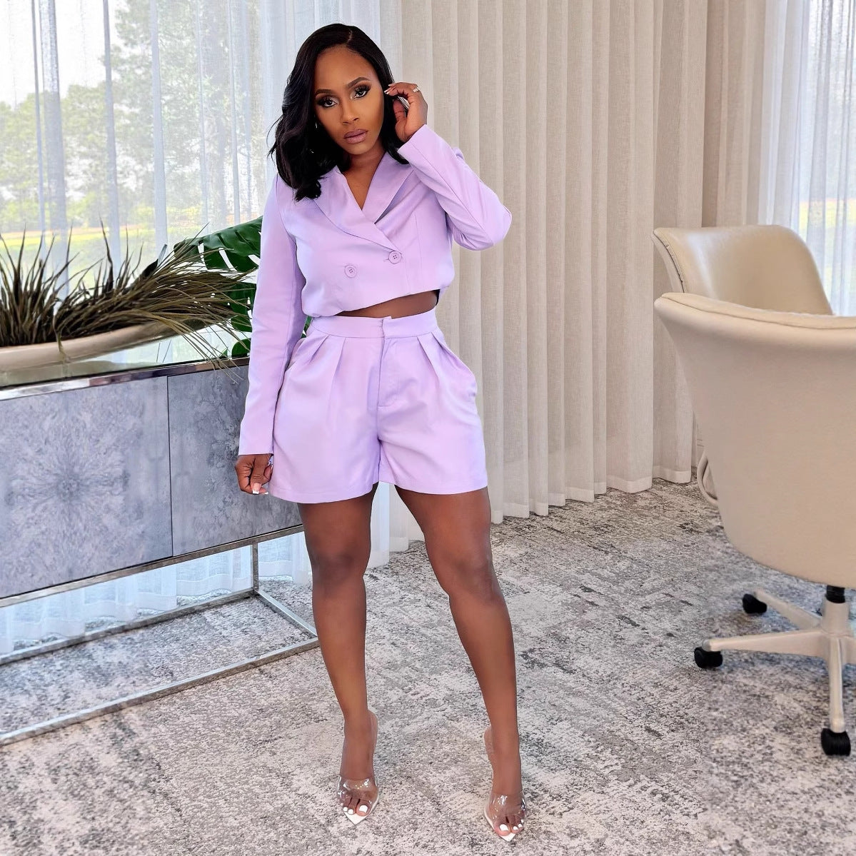 Women elegant Career Turndown Collar Long Sleeve Blazer and Shorts Two-piece Set 7