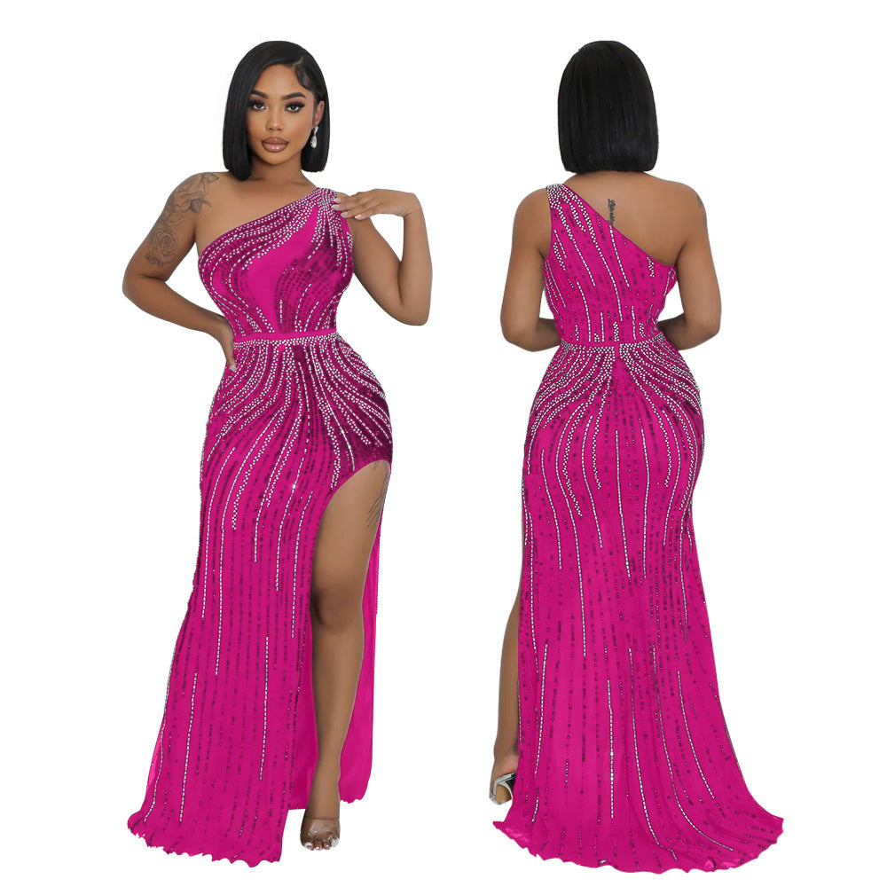 Women Sexy Slash Shoulder Beaded Slit Dress 5