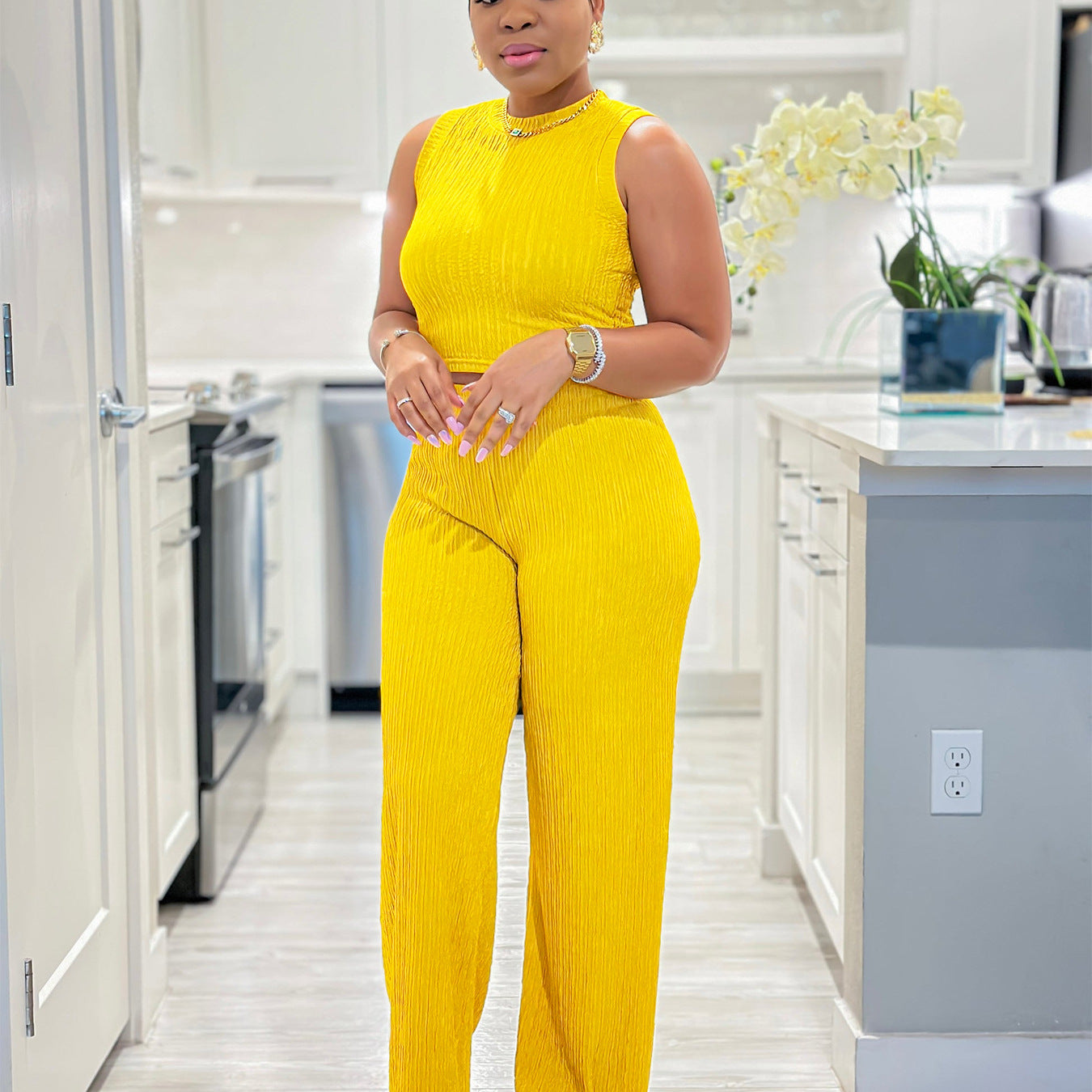 Casual High Stretch Ribbed Sleeveless Tank Top Wide Leg Pants Two Piece Set 9