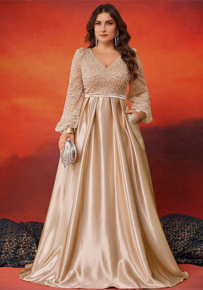 Plus Size Women Sequin Contrast Color Satin Long Sleeve V Neck Elegant Dinner Ball Evening Dress