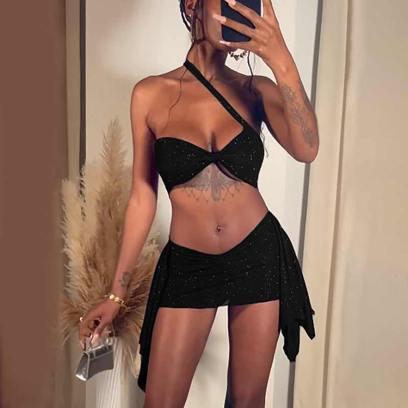 Women summer sexy Solid one-shoulder Halter Neck Strapless Top and Skirt two-piece set 3