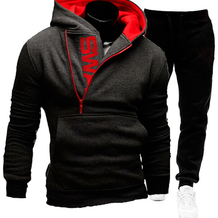 Men's Side Zip Contrast Hood Fleece Hoodies Sweatpants Two Piece Set 17