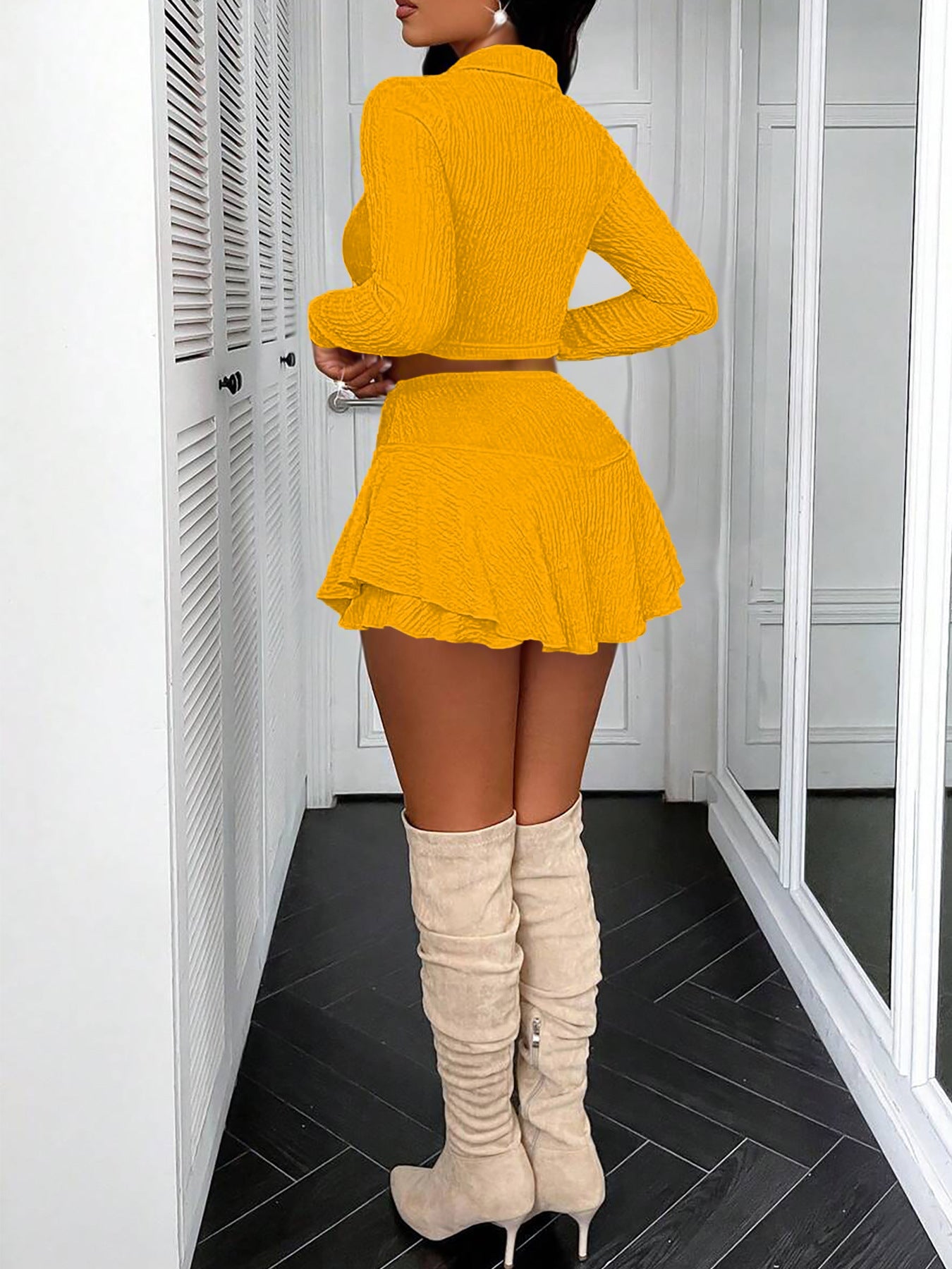 Women Solid Zippered Cropped Top Two-piece set with ruffled skirt 48