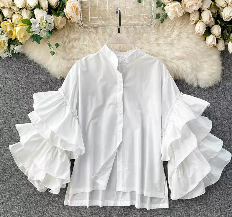 Women multi-layered ruffled Bell Bottom loose-sleeved Stand Collar shirt 11