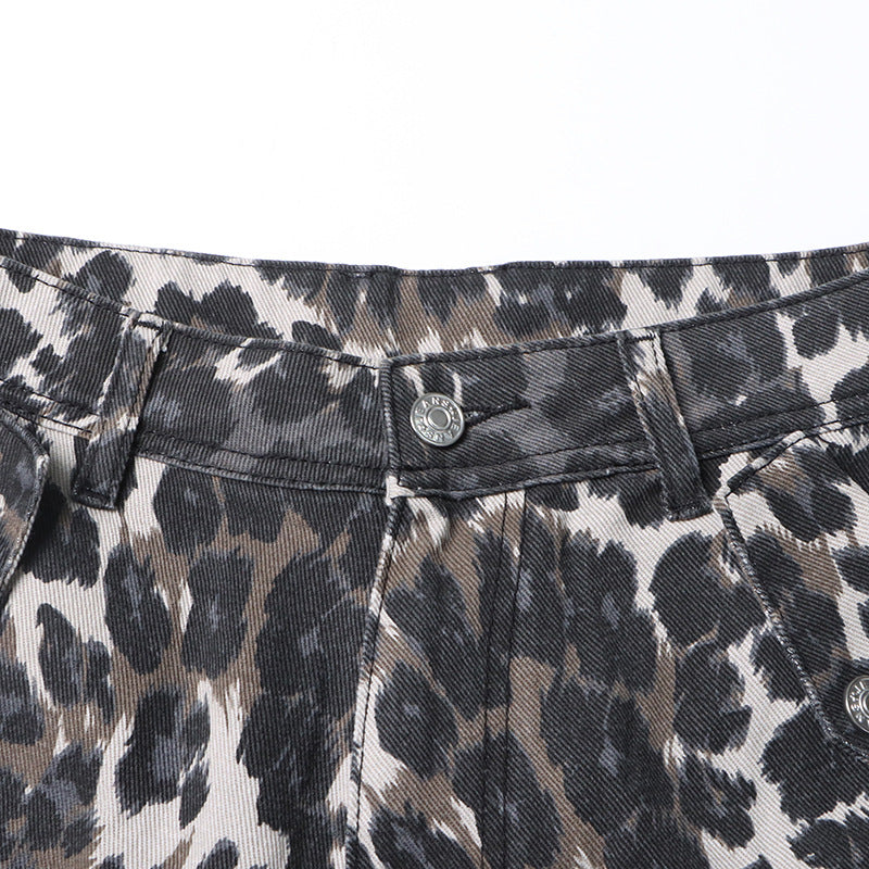 Autumn American Retro Leopard Print High Waisted Slim Fit Straight Jeans Ripped Denim Pants 11