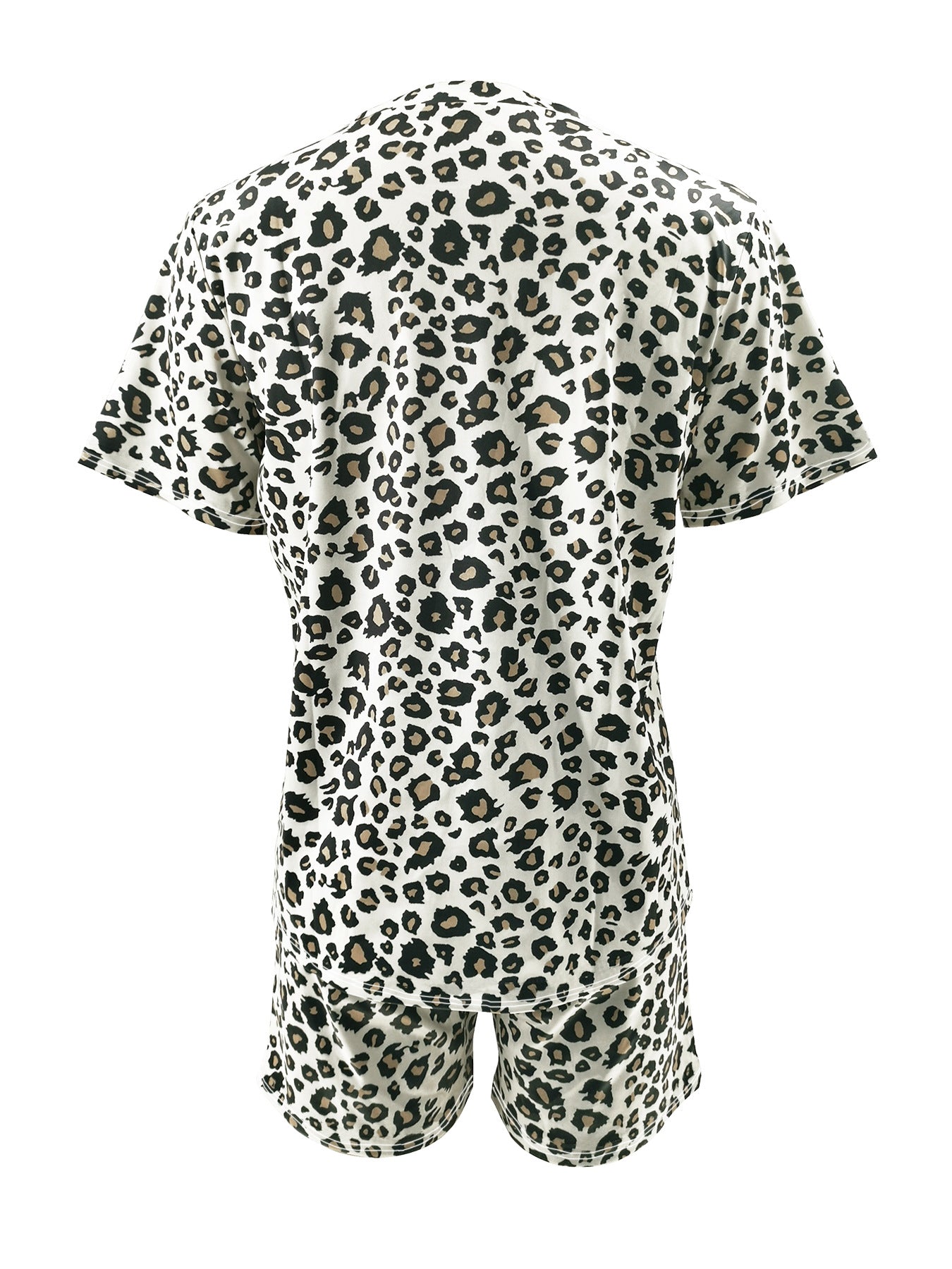 Summer Leopard Print Round Neck Short-Sleeved Loose Two Piece Shorts Set 4