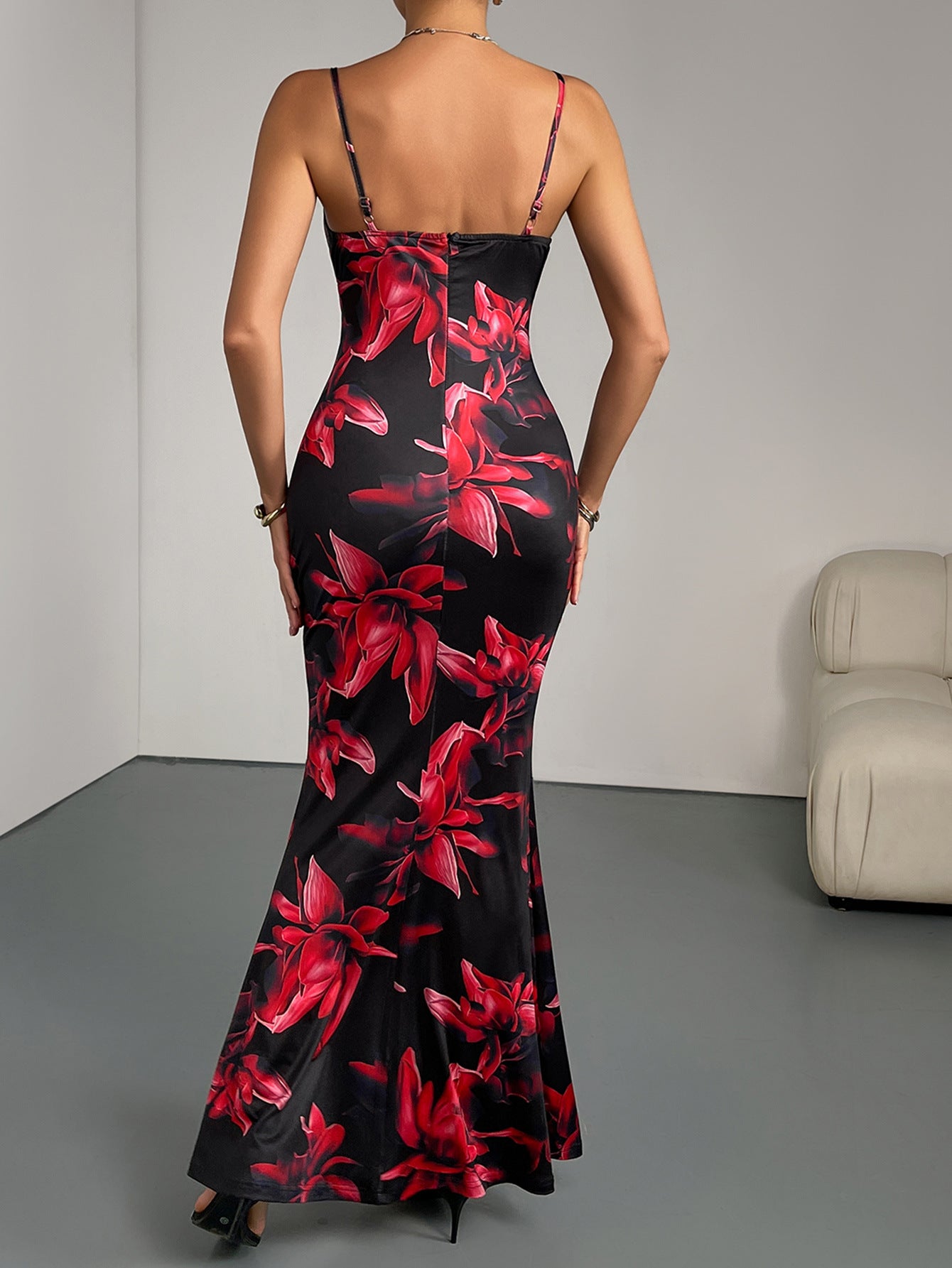 Summer Style Elegant Print V-Neck Strap Bodycon Long Dress 3