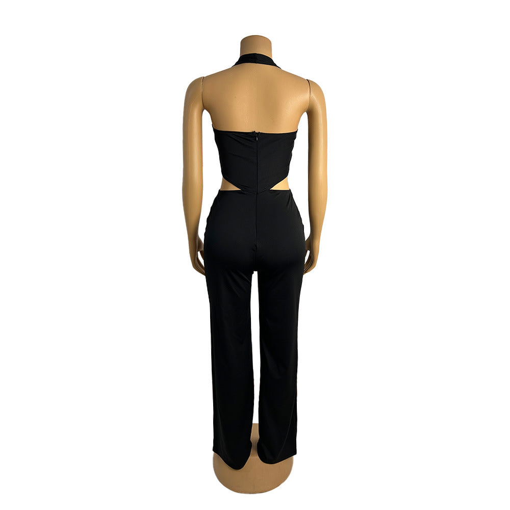 Women V Neck hollow metal buckle jumpsuit 9