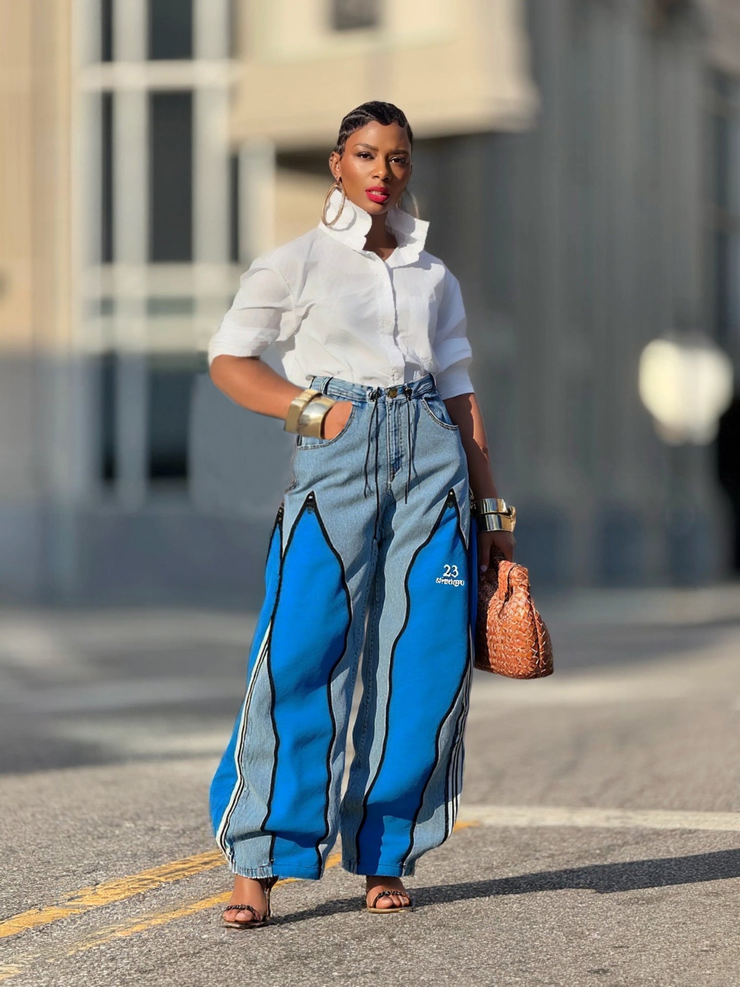 Women Patchwork Contrast Zipper Denim Wide-Leg Pants 4