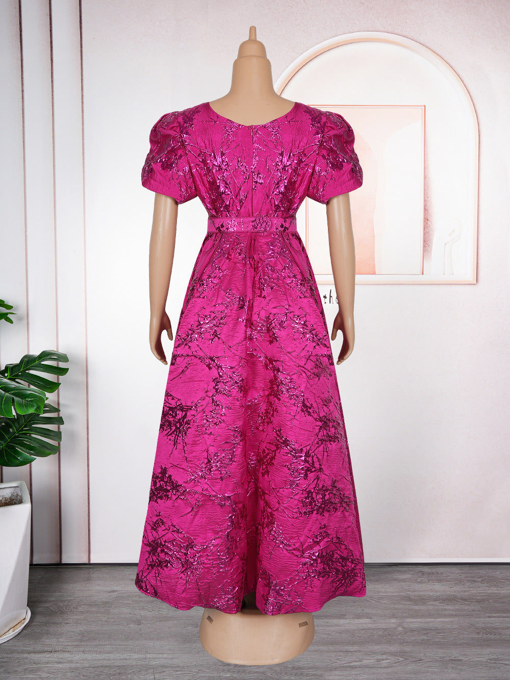 Chic Plus Size Dress Women Africa Mesh V-Neck Party Gown with Belt 12