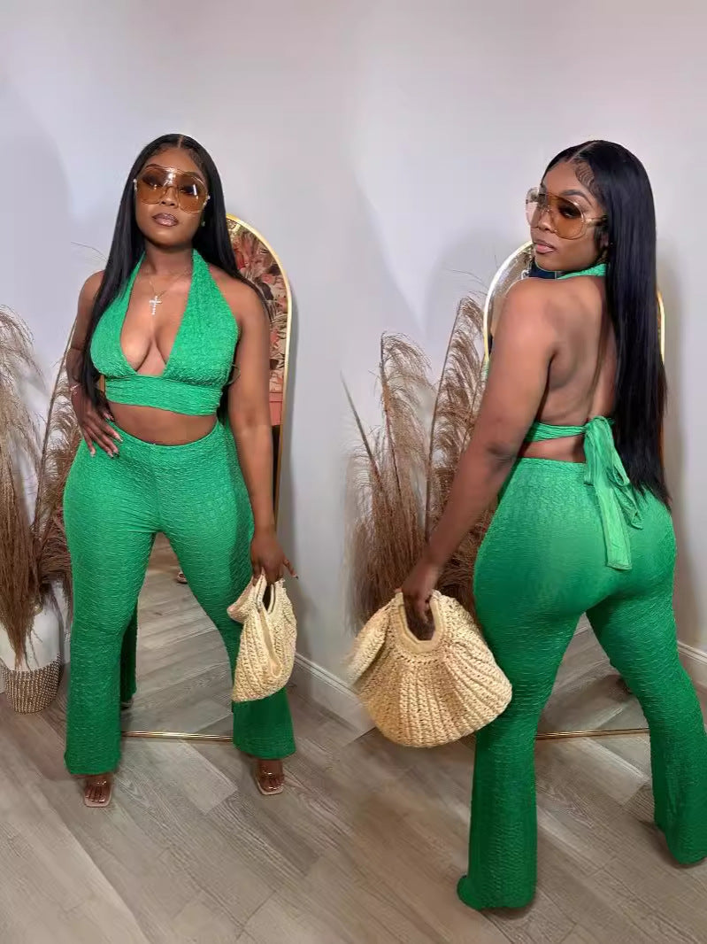 Women Sleeveless Halter Neck Sexy Backless Top and Bell Bottom Pant Two-piece Set 3