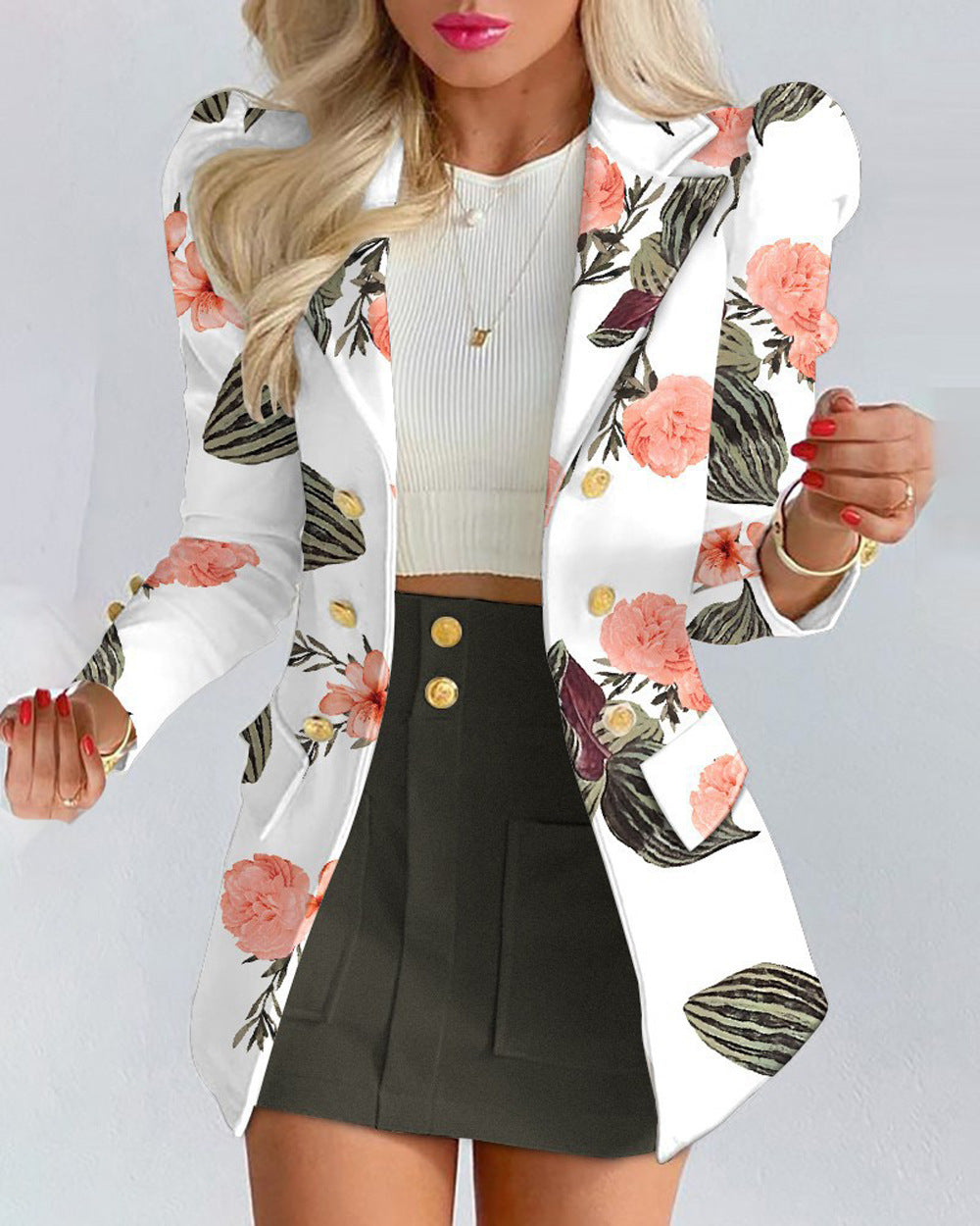 Women Printed Elegant Career Blazer and Print Skirt Two-Piece Set 3