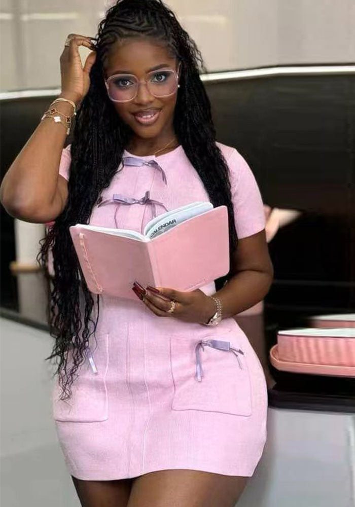 Women's Bow-Decorated Round-Neck Slim Knitting Dress