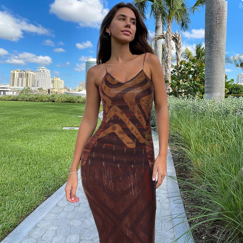 Women Summer Printed Sexy V-Neck Backless Strap Dress