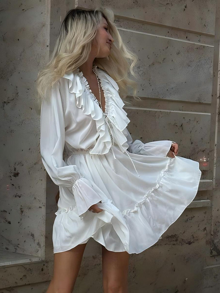 Women's Autumn Bell Bottom Sleeve V-neck Short Chiffon Dress 4