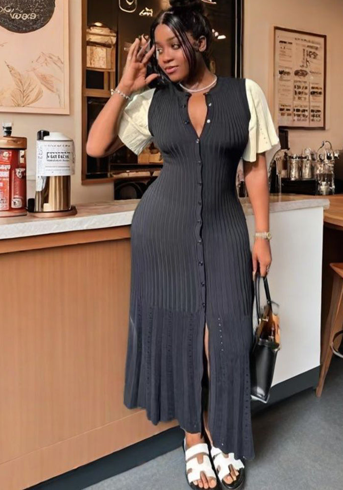 Women Bell Bottom Sleeve Knitting Round Neck Dress