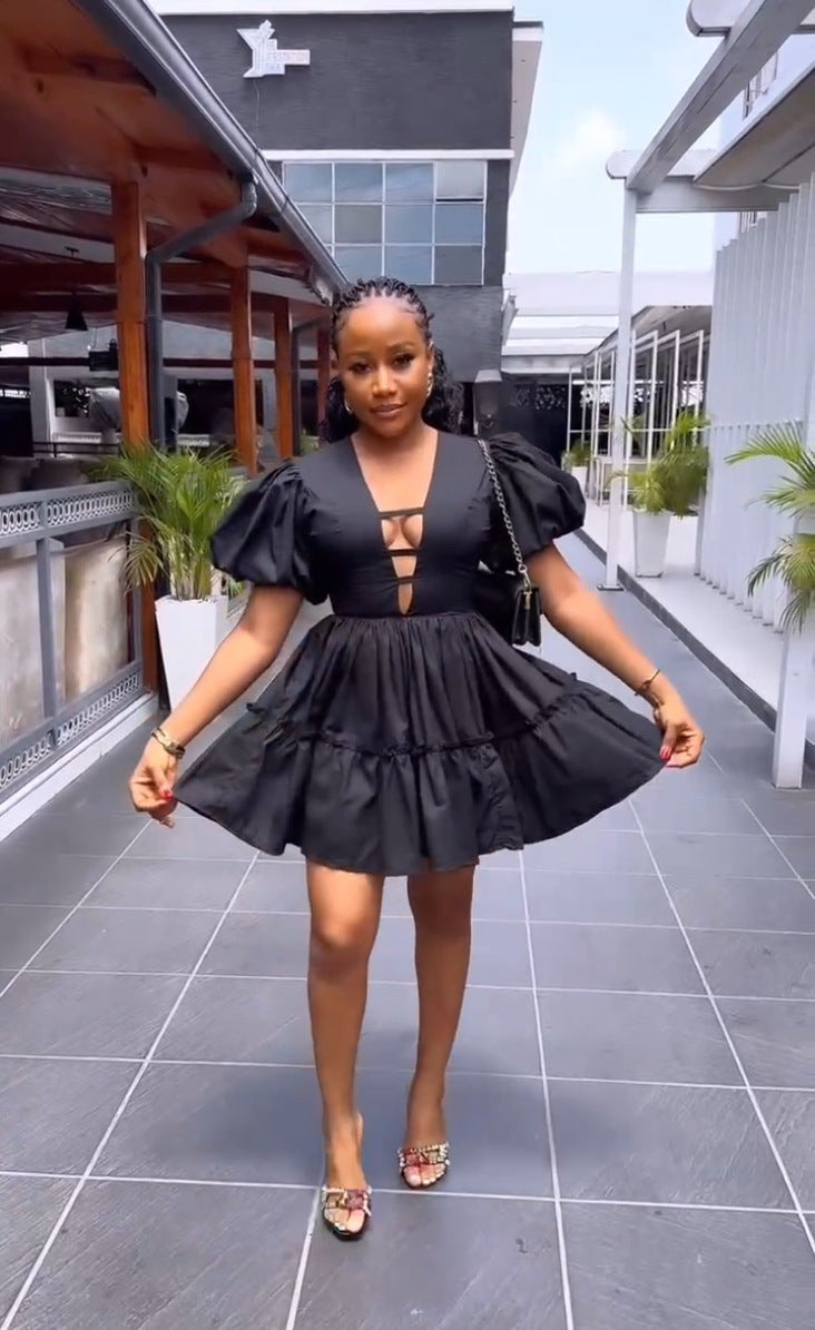 Women's Summer V-Neck Puff Sleeve Slim High Waist A-Line Dress