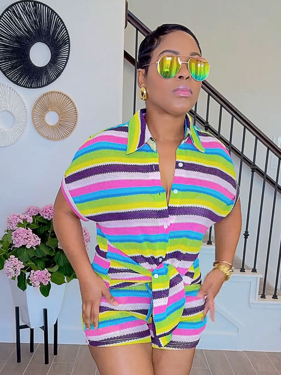 Fashion Casual Summer Striped Women Two-Piece Shorts Set 3