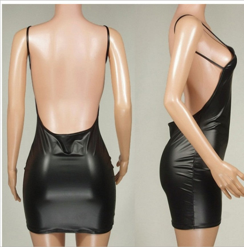 Sexy Lingerie Women Patent Leather Low Back Strap Mini Dress 6