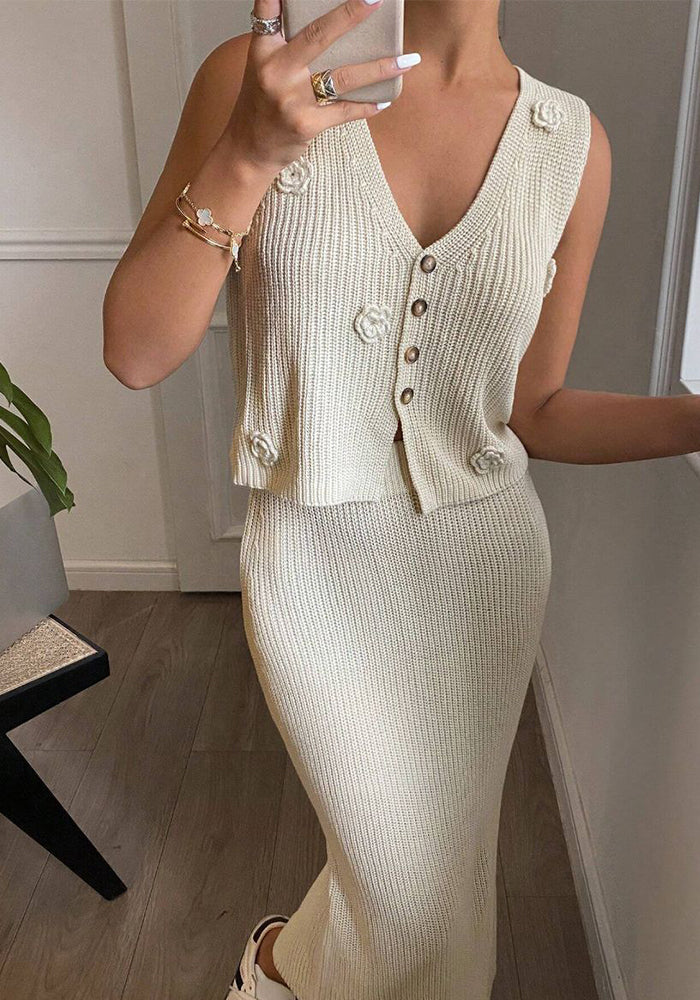 Women Spring Summer Flower Knitting Sleeveless Vest and Skirt Two-Piece Set