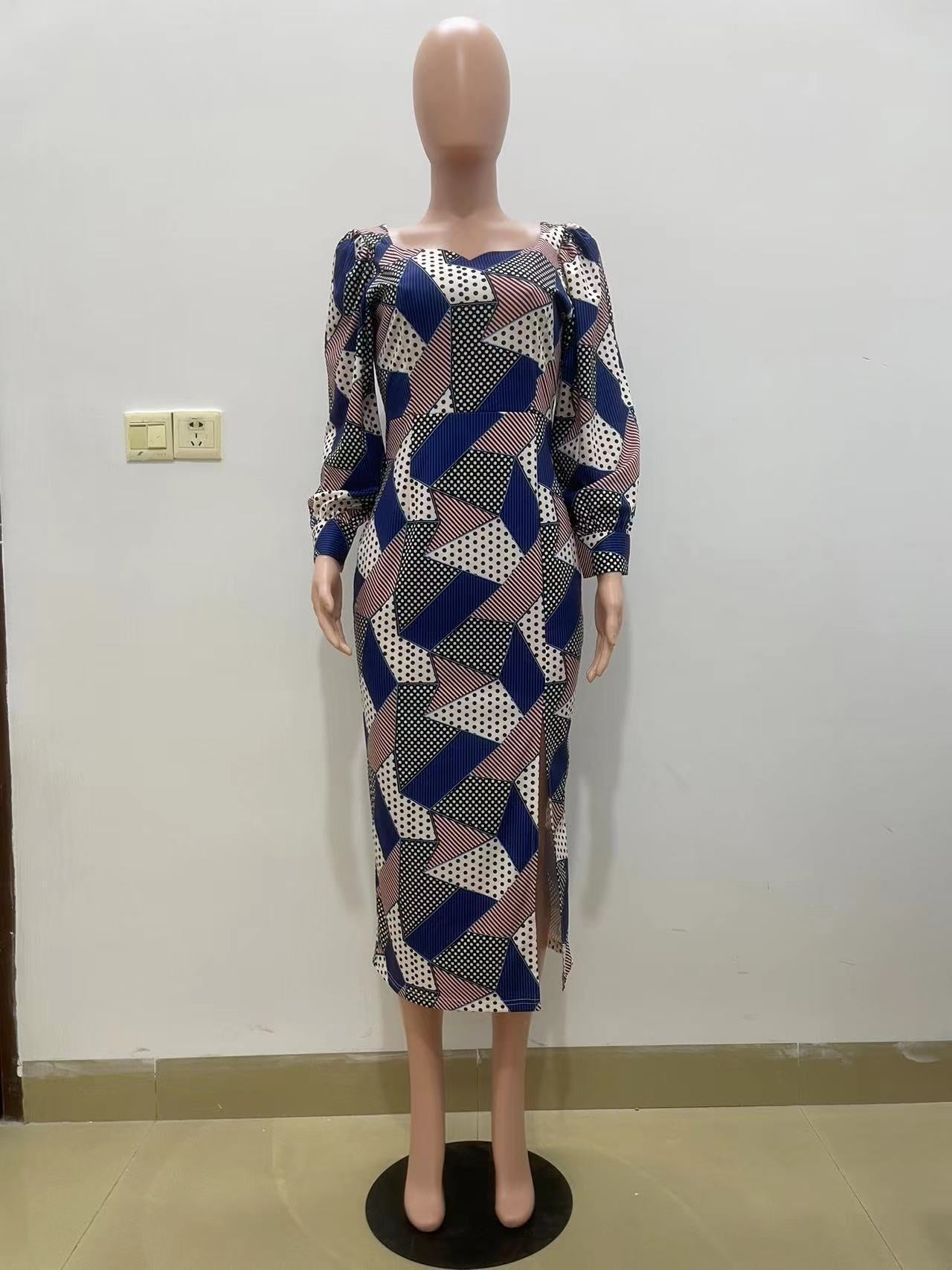 Autumn Fashion Women's Long Sleeves Blue Printed Plaid Slit Dress 9