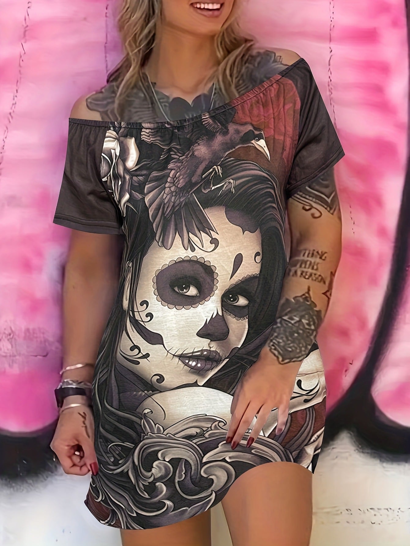 Women Sexy Slash Shoulder Skull Print Short Sleeve Dress 3
