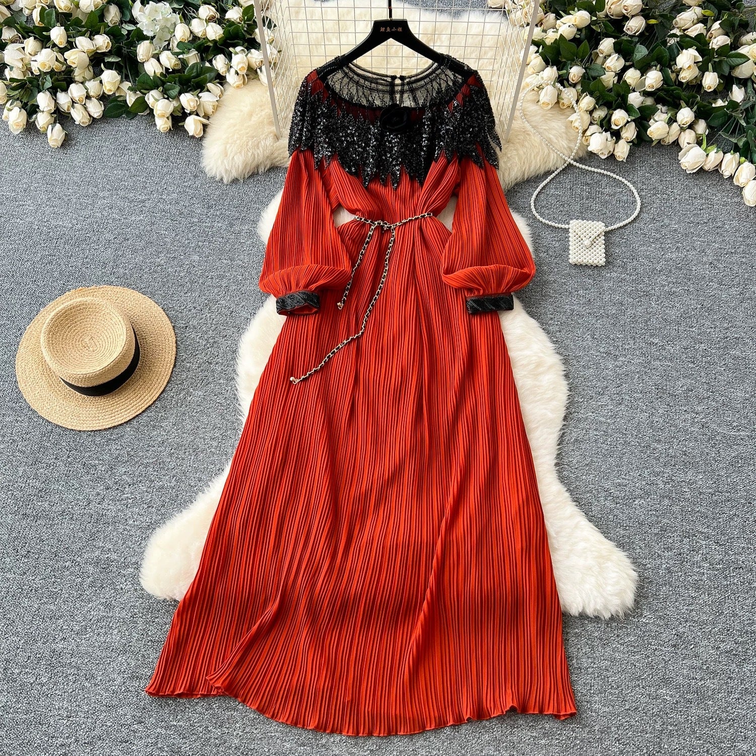 Beaded Chic Lantern Sleeve Pleated Dress 18