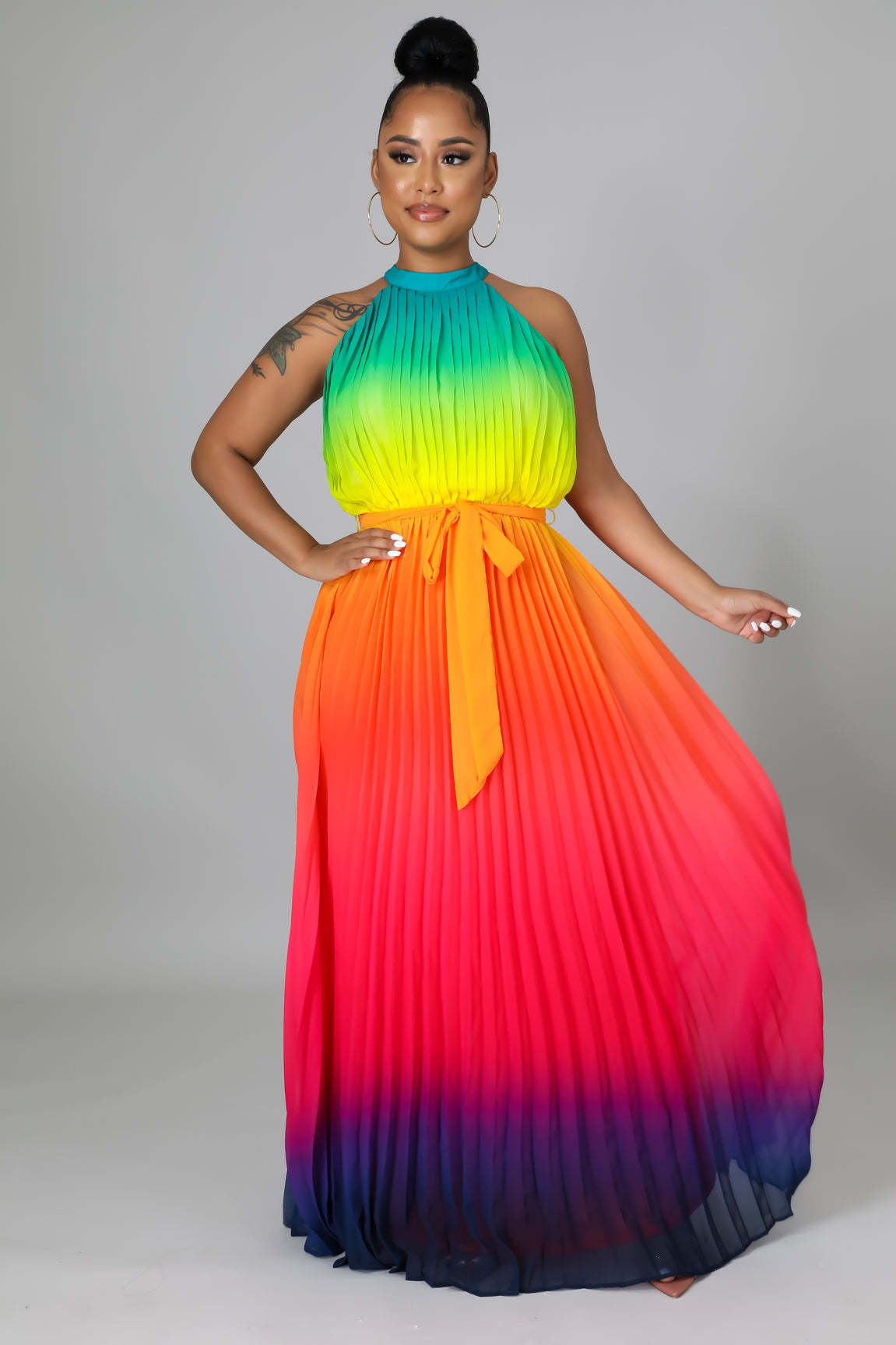 Women's Round Neck Sleeveless Maxi Pleated Tie Dye Pressed Pleated Slim Waist Rainbow Dress 5