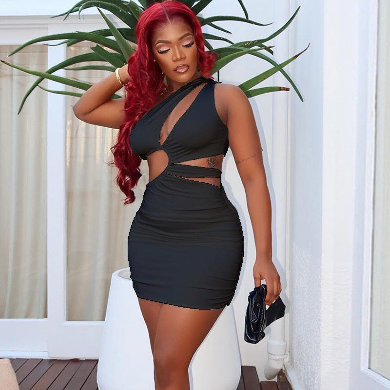 Women Casual Hollow Elegant Soild Sleeveless Slash Shoulder Bodycon Dress 3
