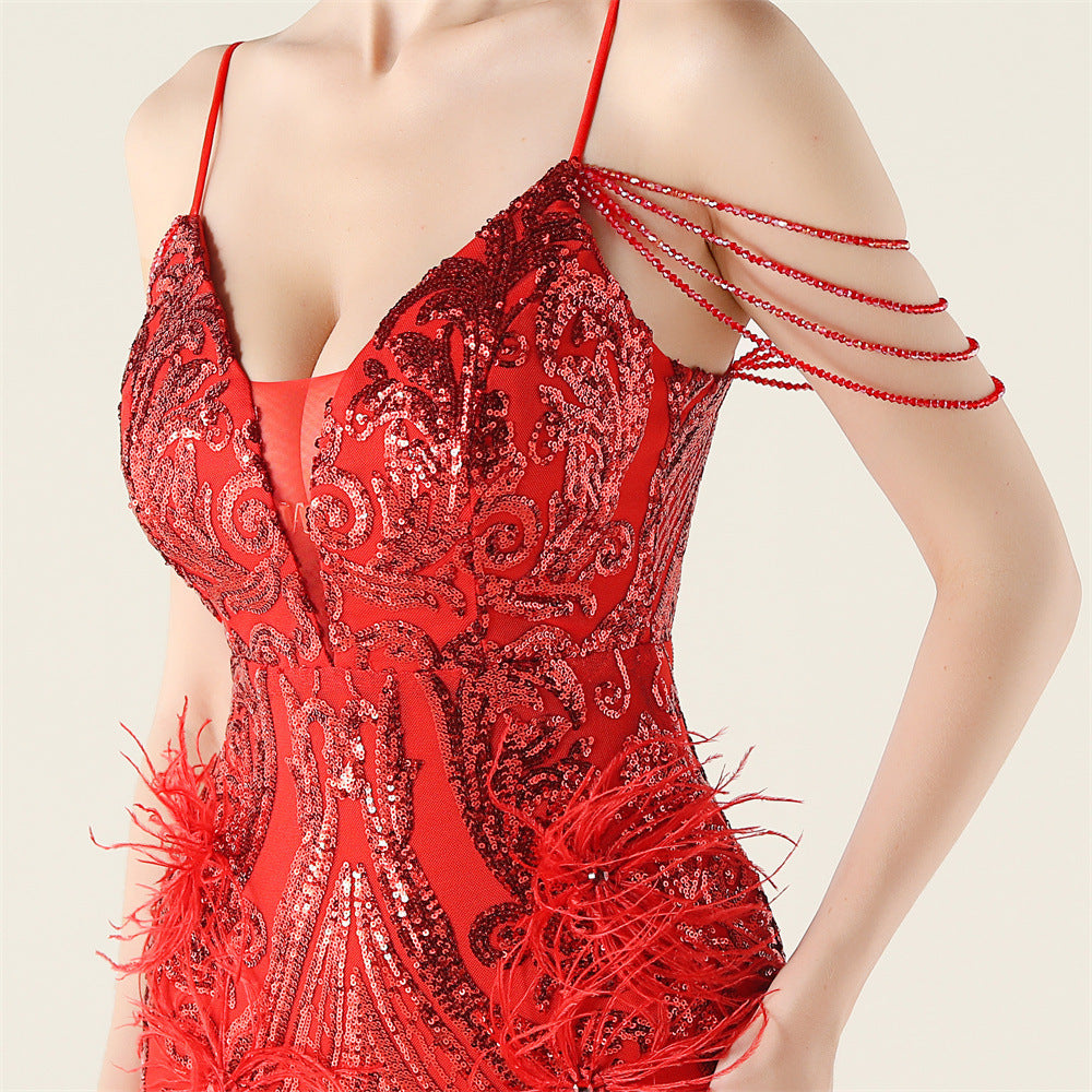 Women Beaded Feather Decoration Beaded Fishtail Evening Dress 46