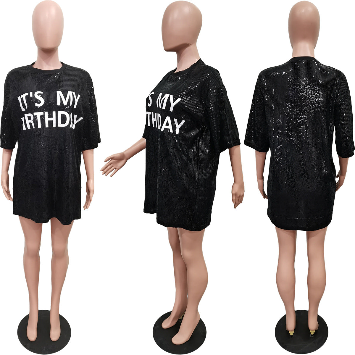 Women'S Spring Round Neck Loose Sequined Letter Casual Dress 6