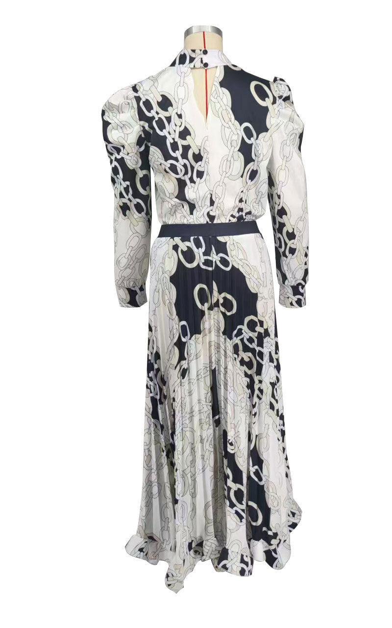 Women Fall Casual Long Sleeve Pleated Print Top and Skirt Two-Piece Set 10