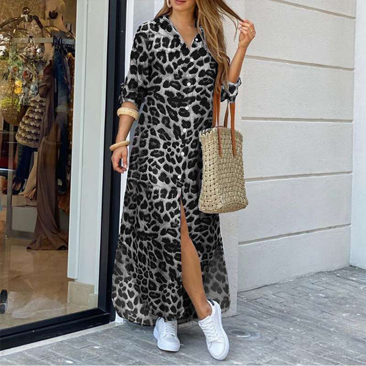 Autumn/Spring Casual Leopard Print High Slit Oversized Shirt Dress