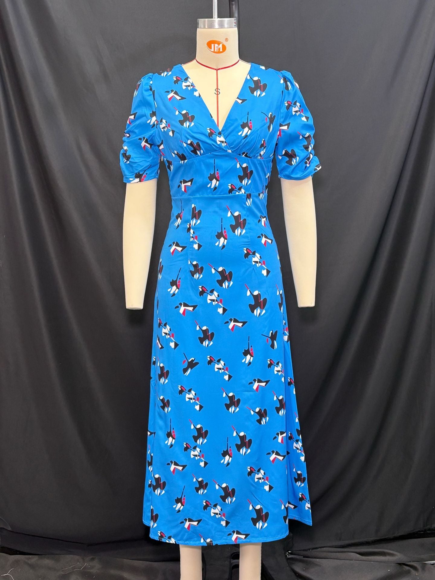 Women Summer Blue Printed V-Neck Puff Sleeve Dress 5
