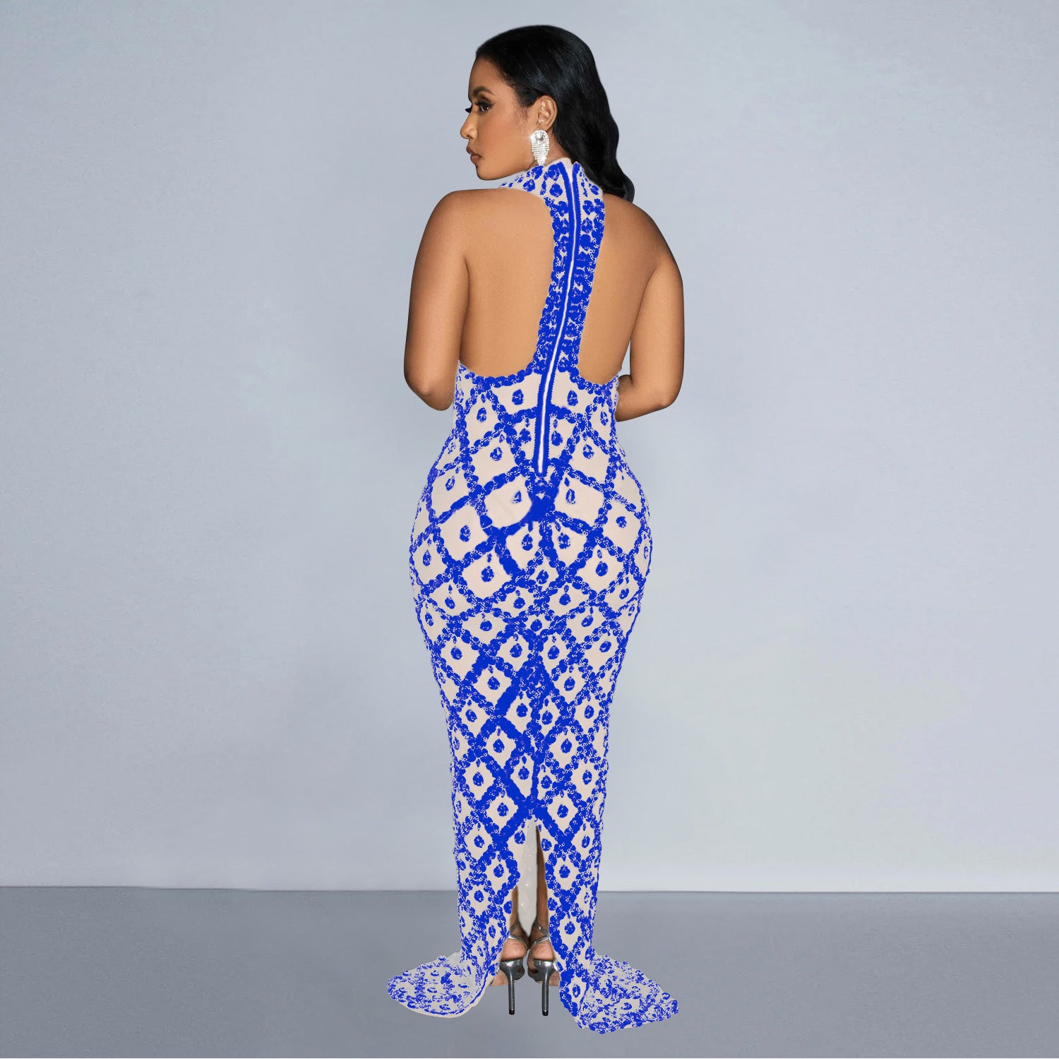 Women Solid Sequin Halter Neck Backless Maxi Dress 6