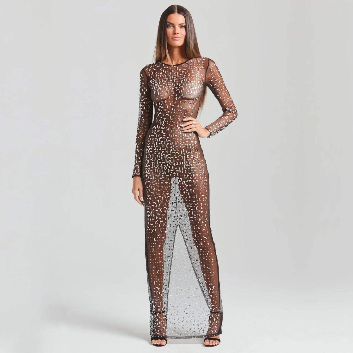 sexy rhinestone see through mesh long sleeve nightclub dress 4