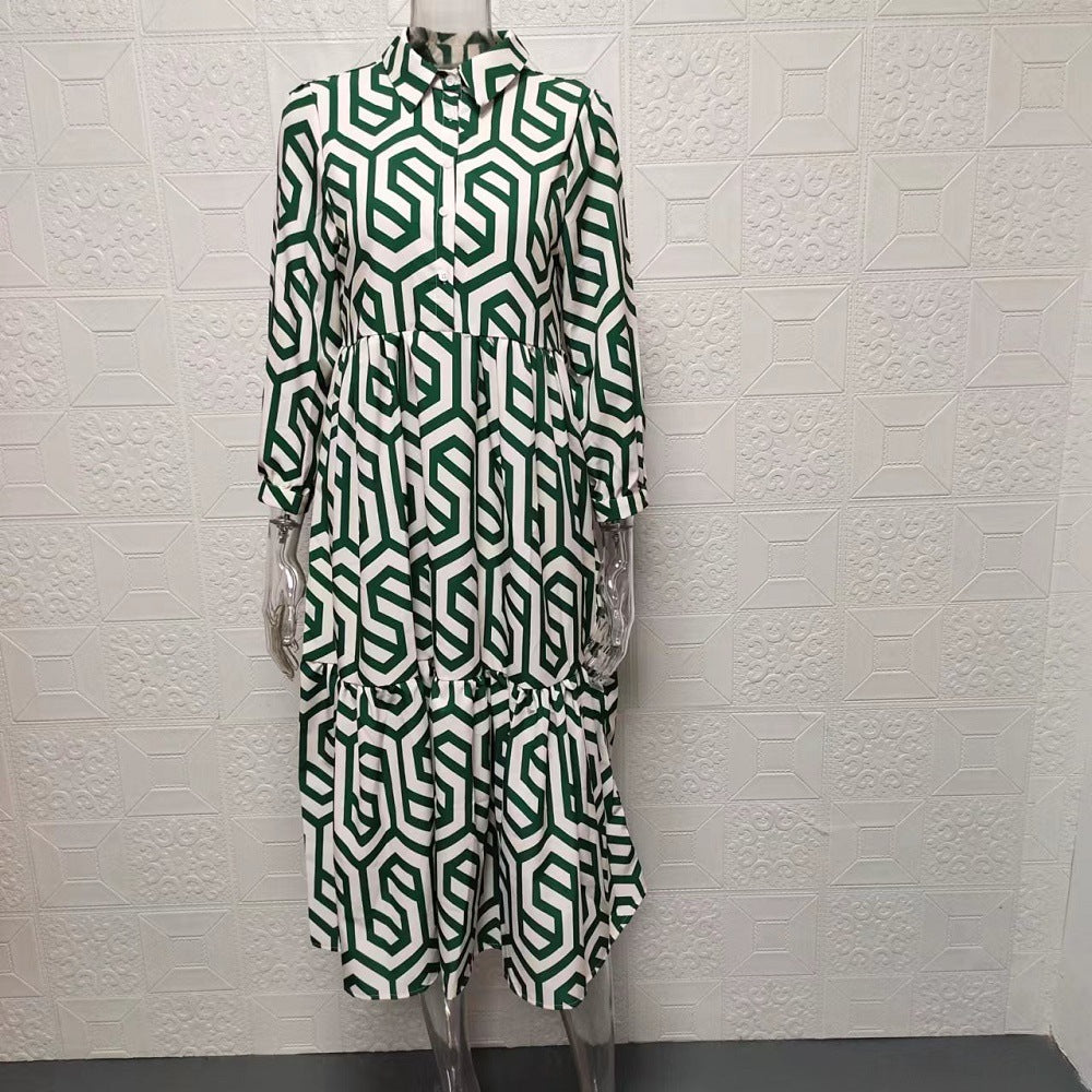 Women's Long Sleeve Turndown Collar Green Geometric Print Shirt Dress 12