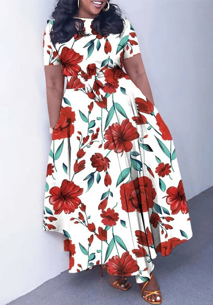 Women's Fashion Chic Tie-Waist African Plus Size Short Sleeve A-Line Dress