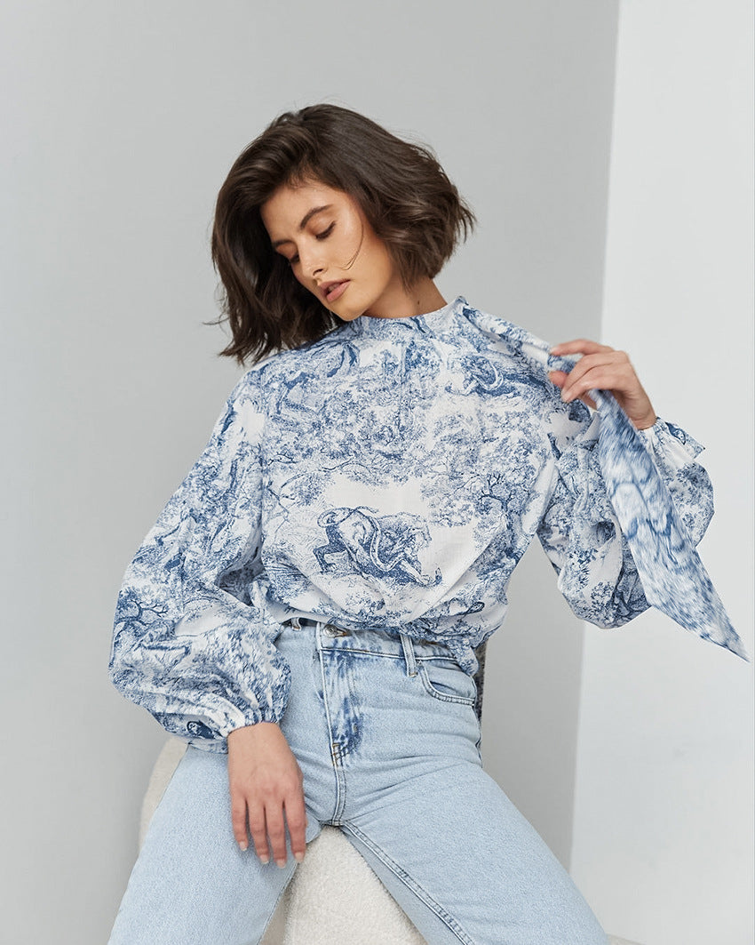 Women French loose lantern sleeves with flowing collar and printed tie shirt 3