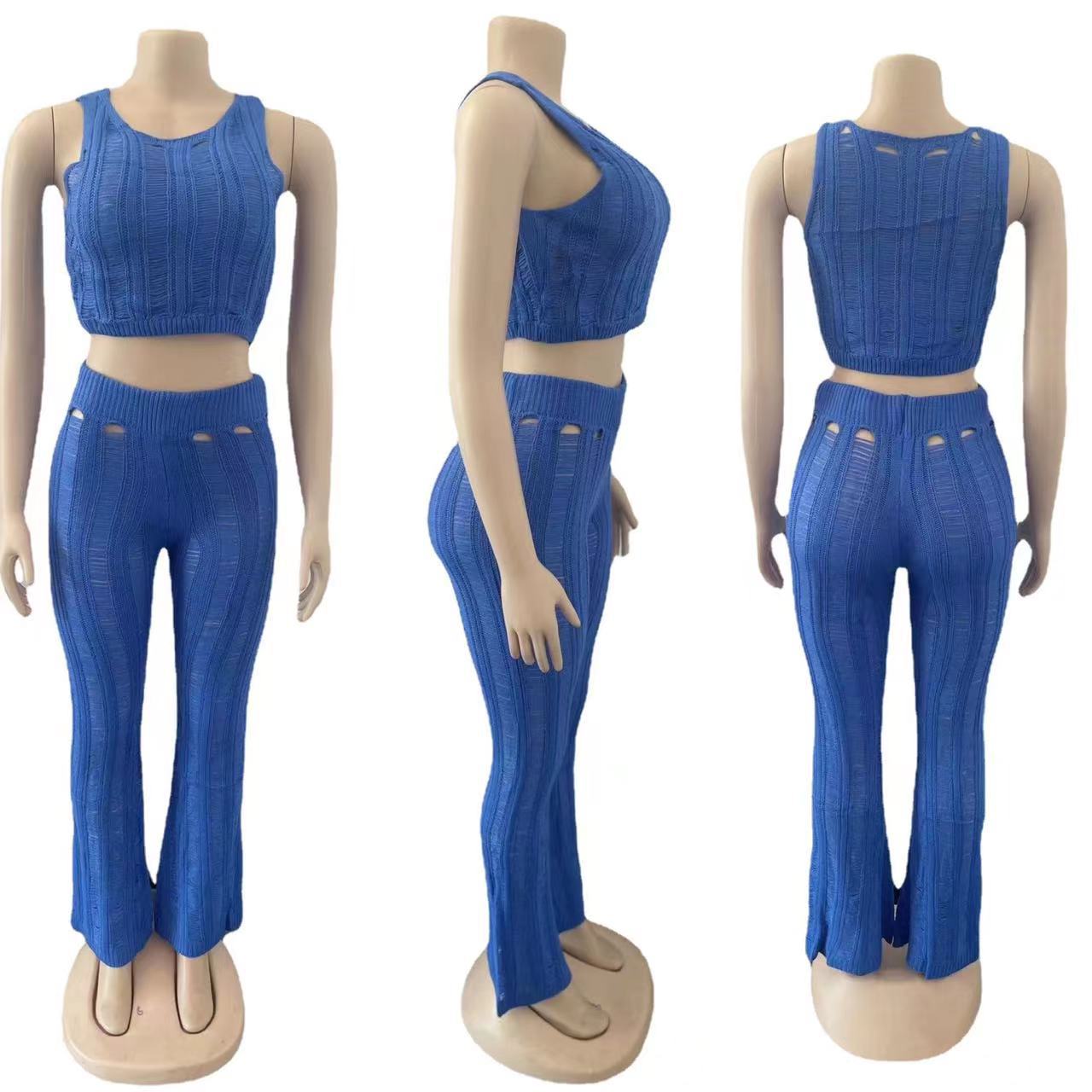 Summer Women Sexy Round Neck Sleeveless Ripped Crop Top and Pant Two-Piece Set 18