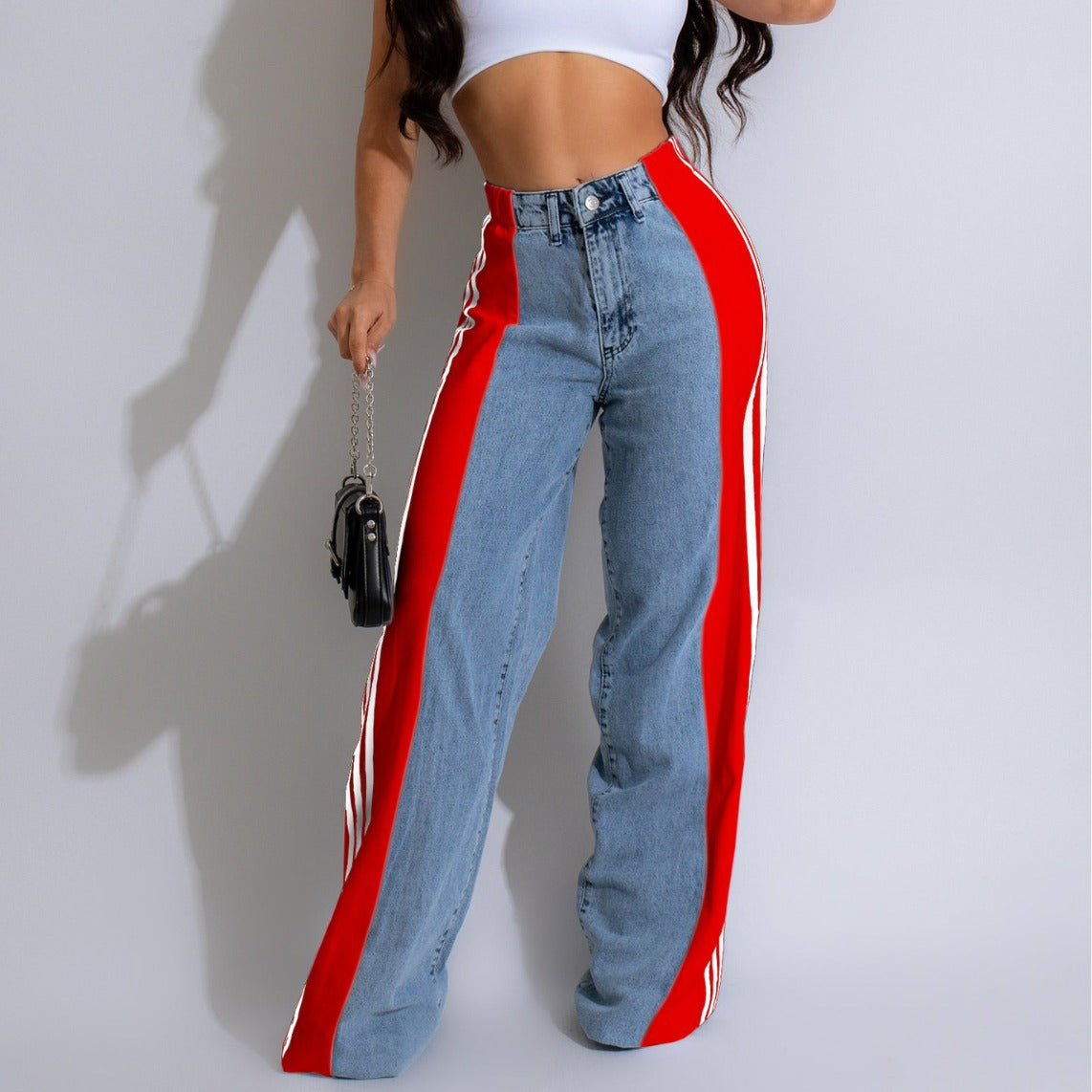 Summer Fashion Patchwork Three Stripes Wide Leg Denim Pants Women's Casual High Waist Stretch Straight Jeans 18