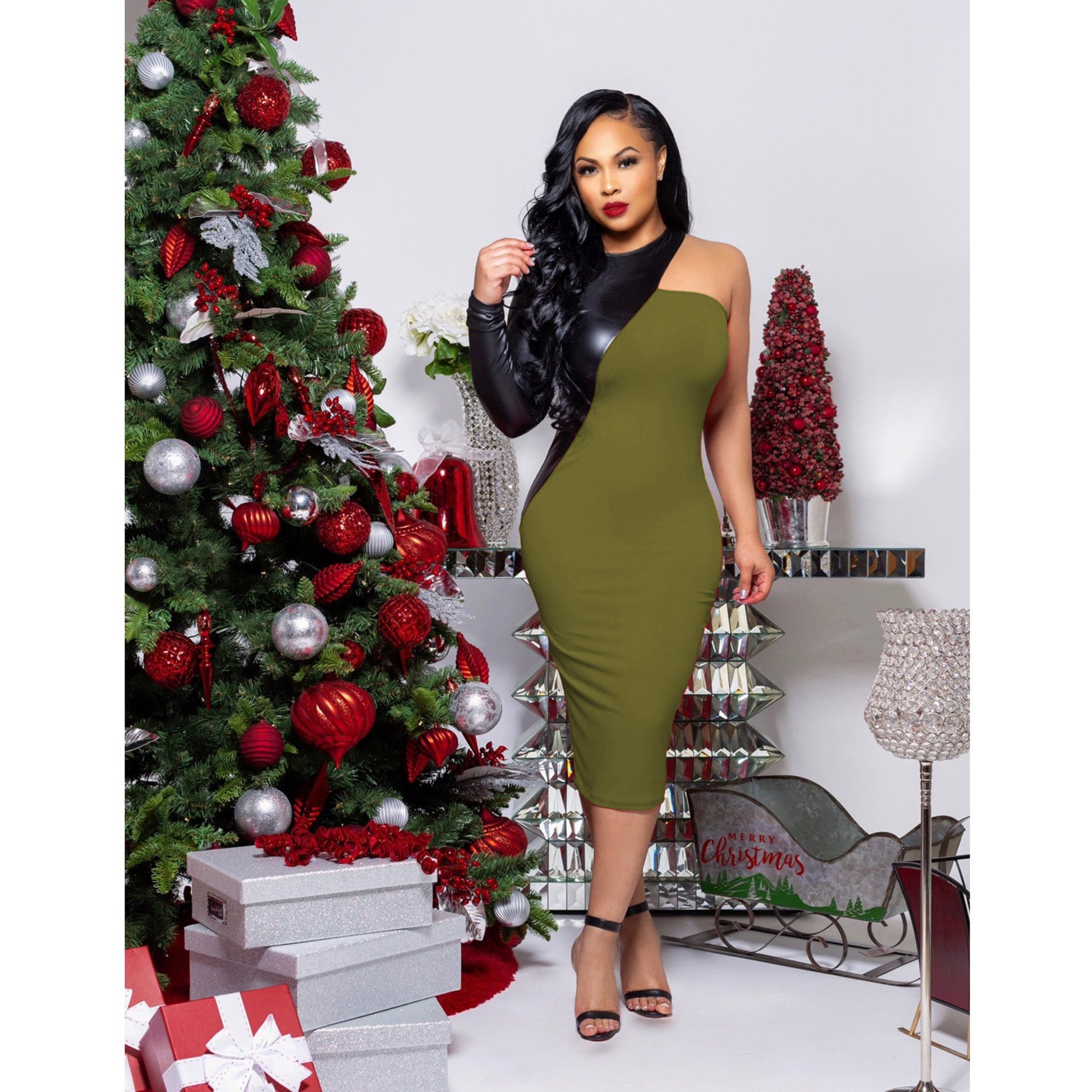 Women Sexy Pu Leather Patchwork Long Sleeve Dress 7