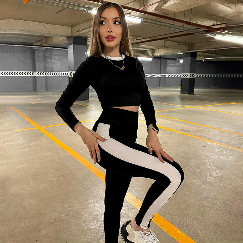 Women contrast long sleeve Crop Top and trousers Casual two-piece set 4