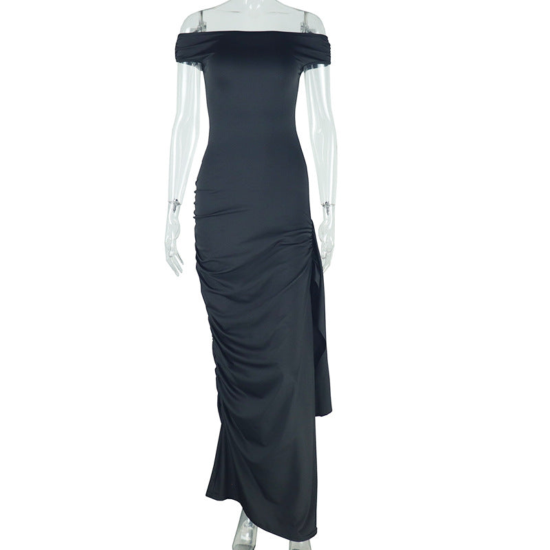 Women's Solid Color Slash Shoulder Casual Ribbon Long Dress 4